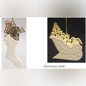 2  Vintage Christmas Gold Ornaments by Lenox Stocking and Sleigh